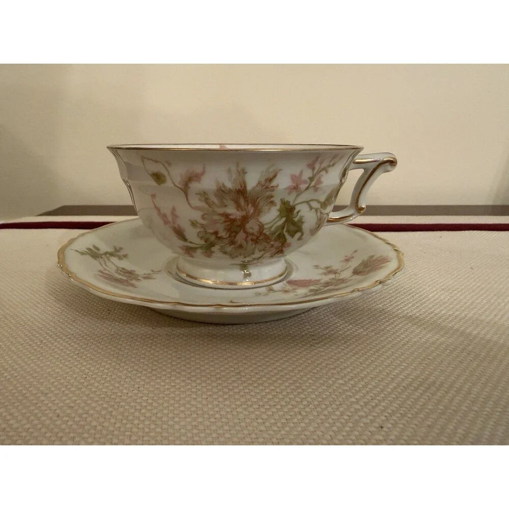 Vintage Haviland Limoges Poppy Porcelain Footed Teacup and Saucer Set Gold Trim